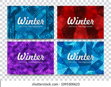 Set of four winter backgrounds. Winter frame with snowflakes. Christmas Greeting Card. New Year background with space for your text. Winter template. Christmas backdrop. New Year flyer.