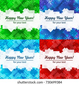 Set of four winter backgrounds. Winter frame with snowflakes. Christmas Greeting Card. New Year background 