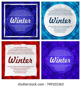 Set of four winter backgrounds. Winter frame with snowflakes. Christmas Greeting Card. New Year background 