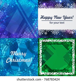 Set of four winter backgrounds. Winter frame with snowflakes. Christmas Greeting Card. New Year background with space for your text. Winter template. Christmas backdrop. New Year flyer.