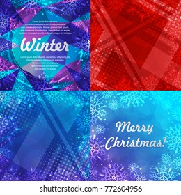 Set of four winter backgrounds. Winter frame with snowflakes. Christmas Greeting Card. New Year background with space for your text. Winter template. Christmas backdrop. New Year flyer.