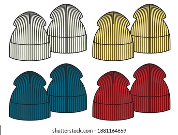 Set of four winter knitted hats, sketch style vector illustrations isolated on white background. Vector template.