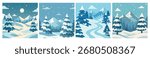 A set of four winter mountain landscapes in soft blue tones featuring snow-covered trees, winding paths, and serene night and day scenes. Perfect for Christmas cards, backgrounds, and seasonal designs