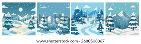 A set of four winter mountain landscapes in soft blue tones featuring snow-covered trees, winding paths, and serene night and day scenes. Perfect for Christmas cards, backgrounds, and seasonal designs