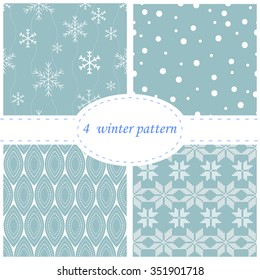 Set of four winter seamless pattern. Background with snowflakes. Vector.