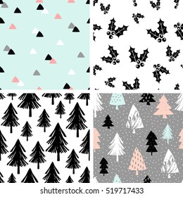 A set of four winter seamless repeat patterns with Christmas trees, triangle shapes and holly. Tiling festive background, greeting card or wrapping paper.