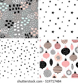 A set of four winter seamless repeat patterns with Christmas baubles, confetti, stars and abstract brush strokes. Tiling festive background, greeting card or wrapping paper.