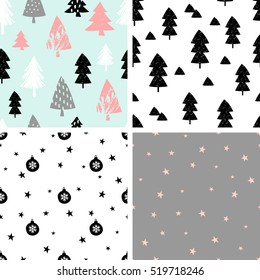 A set of four winter seamless repeat patterns with Christmas trees, stars and baubles. Tiling festive background, greeting card or wrapping paper.