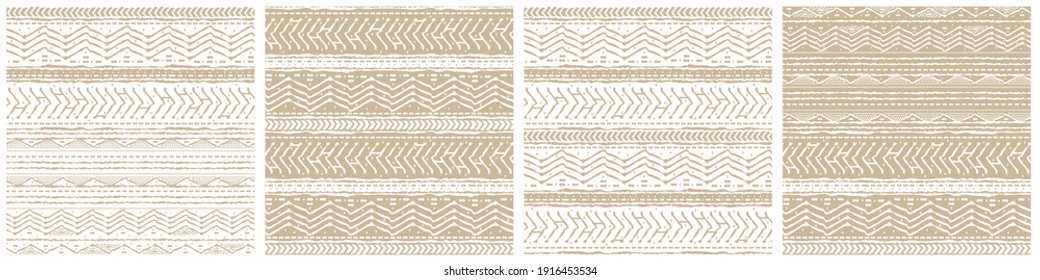 Set of four winter vector White and Beige horizontal Seamless border repeat patterns with random rough, twisted part of triangles or broken lines, part of circles shapes. Hand drawn effect