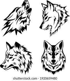 conjunto de cuatro caras de lobo. se puede utilizar para colorear páginas, portada de libros, boceto, diseño de camisetas, boceto de diseño de deportes electrónicos, mascota, marca de logotipo