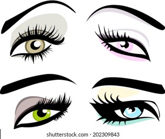 Set of four woman eye shape silhouettes with eyebrows long eyelashes vector icons 