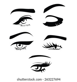 Set of four woman eye shape silhouettes with eyebrows long eyelashes vector icons 