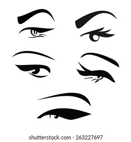 Set of four woman eye shape silhouettes with eyebrows long eyelashes vector icons 