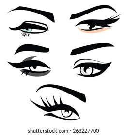 Set of four woman eye shape silhouettes with eyebrows long eyelashes vector icons 