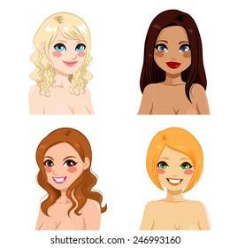 Set of four women with different hairstyles and skin tone color