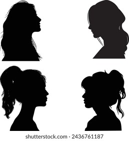 Ein Satz von vier Frauen Gesicht Silhouetten. Vektor-Illustration der Seitenansicht des Frauengesichts-Silhouette. Seitenansicht der Frau-Silhouette. Frau Avatar. Symbol oder Symbol.