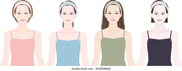 A set of four women. Not only the face and hairstyle but also the skin color and figure are slightly different.