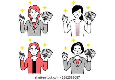 Set of four women in suits holding money and making an OK sign