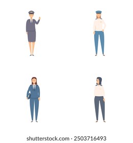 Set of four women in various professional uniforms, representing different occupations