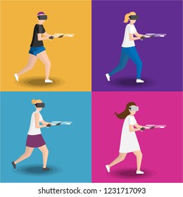 Set of four women's gaming in virtual reality glasses with virtual shotgun. in flat cartoon style.