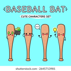 Set of four wooden Baseball Bats with cute faces showing different emotions, perfect for sports or cartoon projects