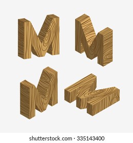Set of four wooden block,Three-dimensional wooden alphabet. Vector illustration of 3d, Letters M
