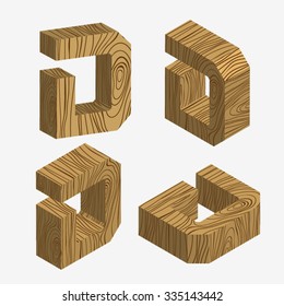 Set of four wooden block,Three-dimensional wooden alphabet. Vector illustration of 3d, Letters D