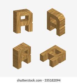 Set of four wooden block,Three-dimensional wooden alphabet. Vector illustration of 3d, Letters R