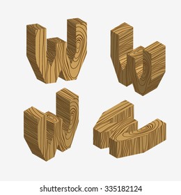 Set of four wooden block,Three-dimensional wooden alphabet. Vector illustration of 3d, Letters W