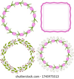 Set of four wreaths - flowers tulips, frames and branches for the holiday. Vector hand draw  Illustration EPS10