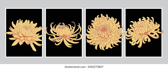 set of four yellow chrysanthemum flower blossoms isolated Vector illustration