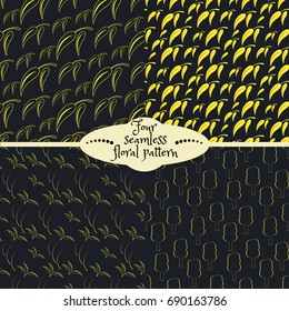 Set of four yellow floral seamless patterns on a black background