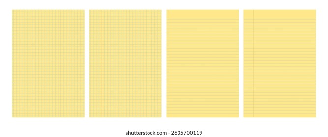 Set of four yellow legal pad pages with lined or grid designs. Great for school, office, memos or business templates use. Vector illustration