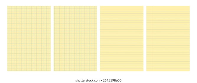 Set of four yellow legal pad pages with lined or grid designs. Great for school, office, memos or business templates use. Vector illustration