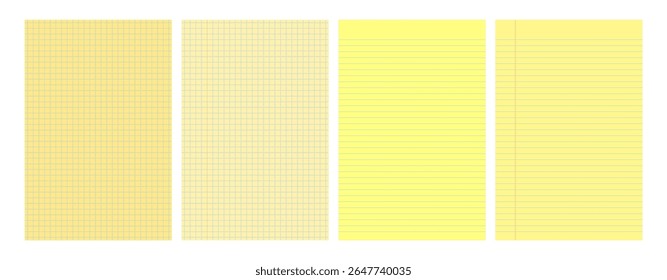 Conjunto de quatro páginas de preenchimento legal amarelas com designs de linhas ou grades. Ótimo para uso em escola, escritório, memorandos ou modelos de negócios. Ilustração vetorial
