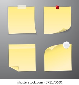 Set of four yellow paper stickers. Vector illustration.