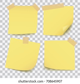 Set of four yellow post it notes with adhesive tape isolated on transparent background