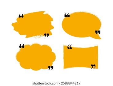 Set of four yellow speech bubbles with black quotation marks in different shapes, including brush stroke, oval, cloud, and rectangle, on a white background. Vector illustration