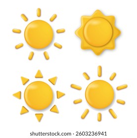 Set of four yellow sun icons with different shapes and styles, isolated on a white background. Represents summer, weather, and sunshine concepts. Vector illustration