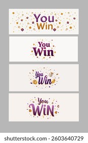 Set Of Four You Win Gift Confetti In Purple And Golden Colors Horizontal Banner Isolated On White Background Sale Promote Marketing