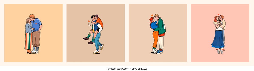 Set of four Young couples in love. Hugging and kissing. Happy together. Trendy clothes. Fashion look. Romance, Valentine's Day concept. Cartoon comic style. Hand drawn Vector illustration