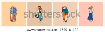 Set of four Young couples in love. Hugging and kissing. Happy together. Trendy clothes. Fashion look. Romance, Valentine's Day concept. Cartoon comic style. Hand drawn Vector illustration