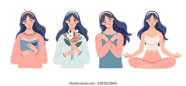 Set - four young positive women isolated on white background. The concept of self-care, self-love. Psychological therapy. Vector illustration in simple flat style.