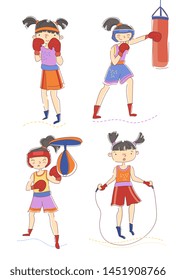 Set of four young woman or girls boxing and skipping over a rope with one in the defensive pose, one punching a bag and the last punching a pummel over white