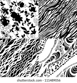 Set of four  zentangle black and white seamless patterns. Monochromatic design.