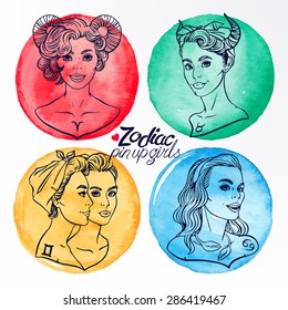 set of four zodiac signs as a girls in the pin-up style. Aries. Cancer. Taurus. Gemini. Hand-drawn illustration