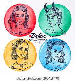 set of four zodiac signs as a girls in the pin-up style. Pisces. Capricorn. Sagittarius. Aquarius. Hand-drawn illustration