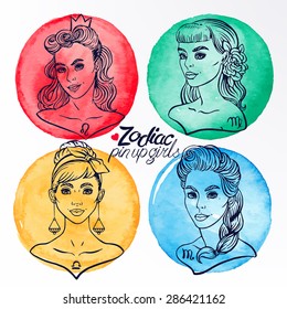 set of four zodiac signs as a girls in the pin-up style. Leo. Libra. Virgo. Scorpio. Hand-drawn illustration