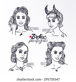 set of four zodiac signs as a girls in the pin-up style. Hand-drawn illustration