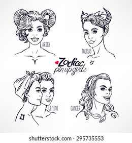 set of four zodiac signs as a girls in the pin-up style. Hand-drawn illustration